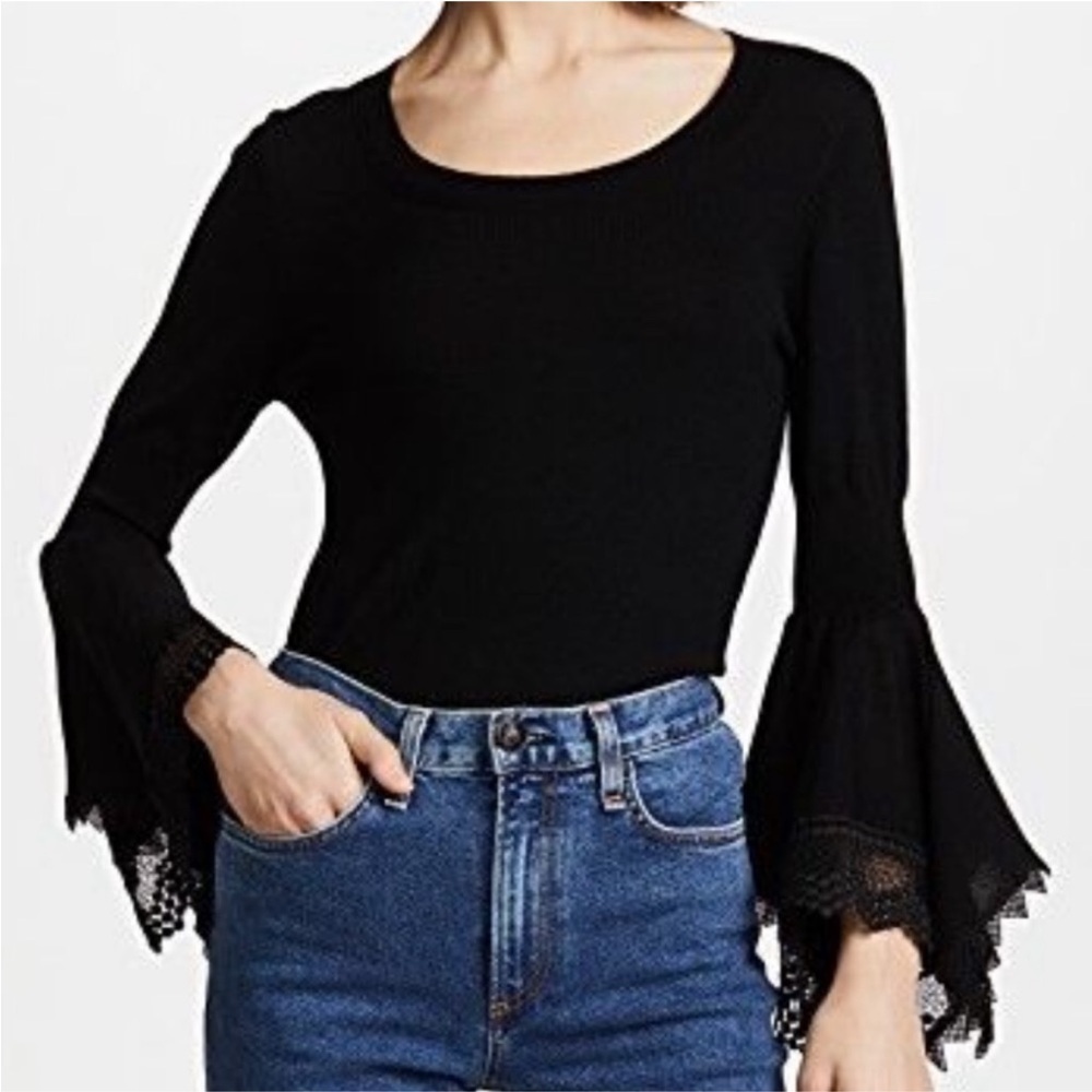 Kobi Halperin Sienna Crochet Angel Wing Sleeve Scoop Pullover Sweater Black Smal